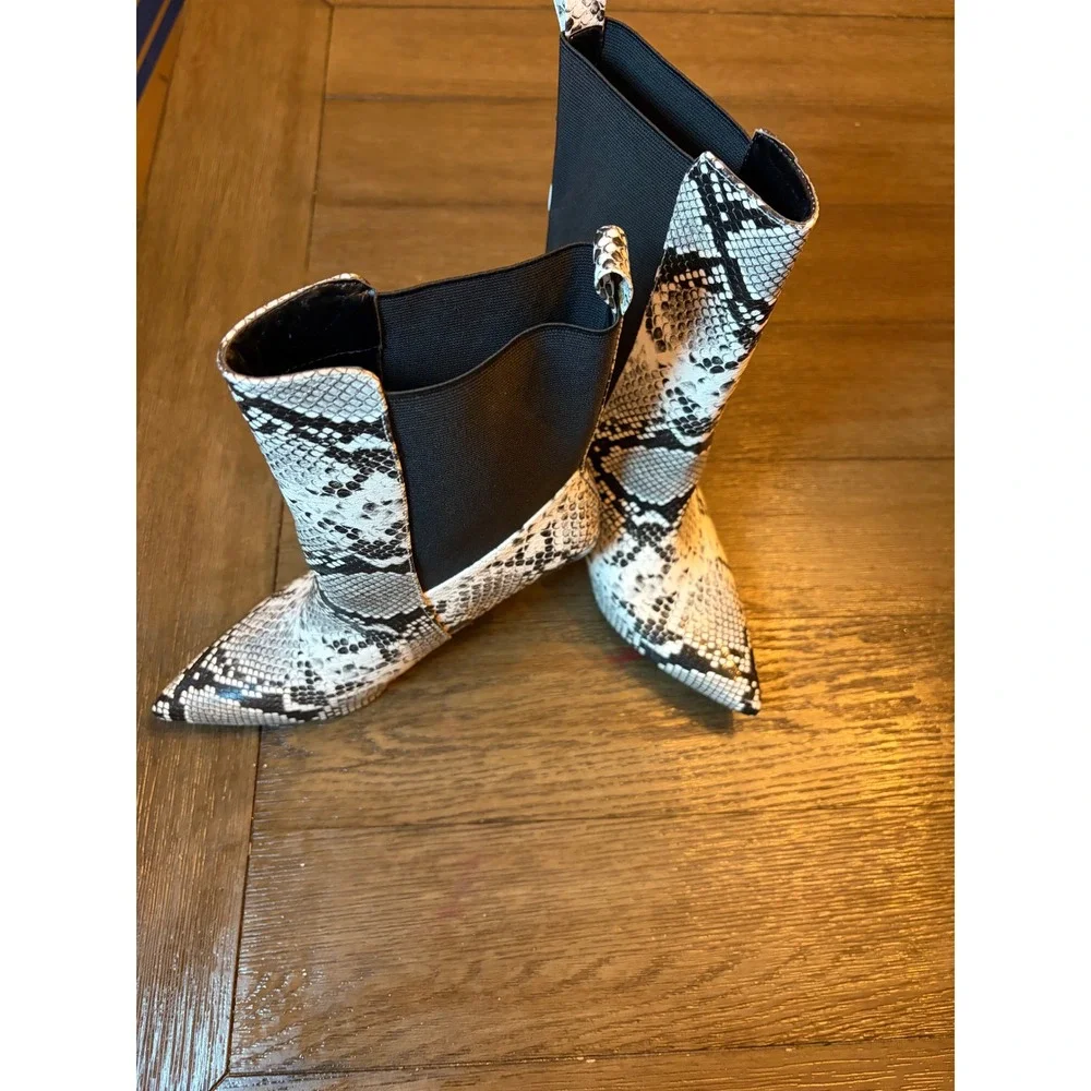 Fashion nova Snakeskin Ankle Boots Women Size 7 Pointed Toe Gold Stiletto